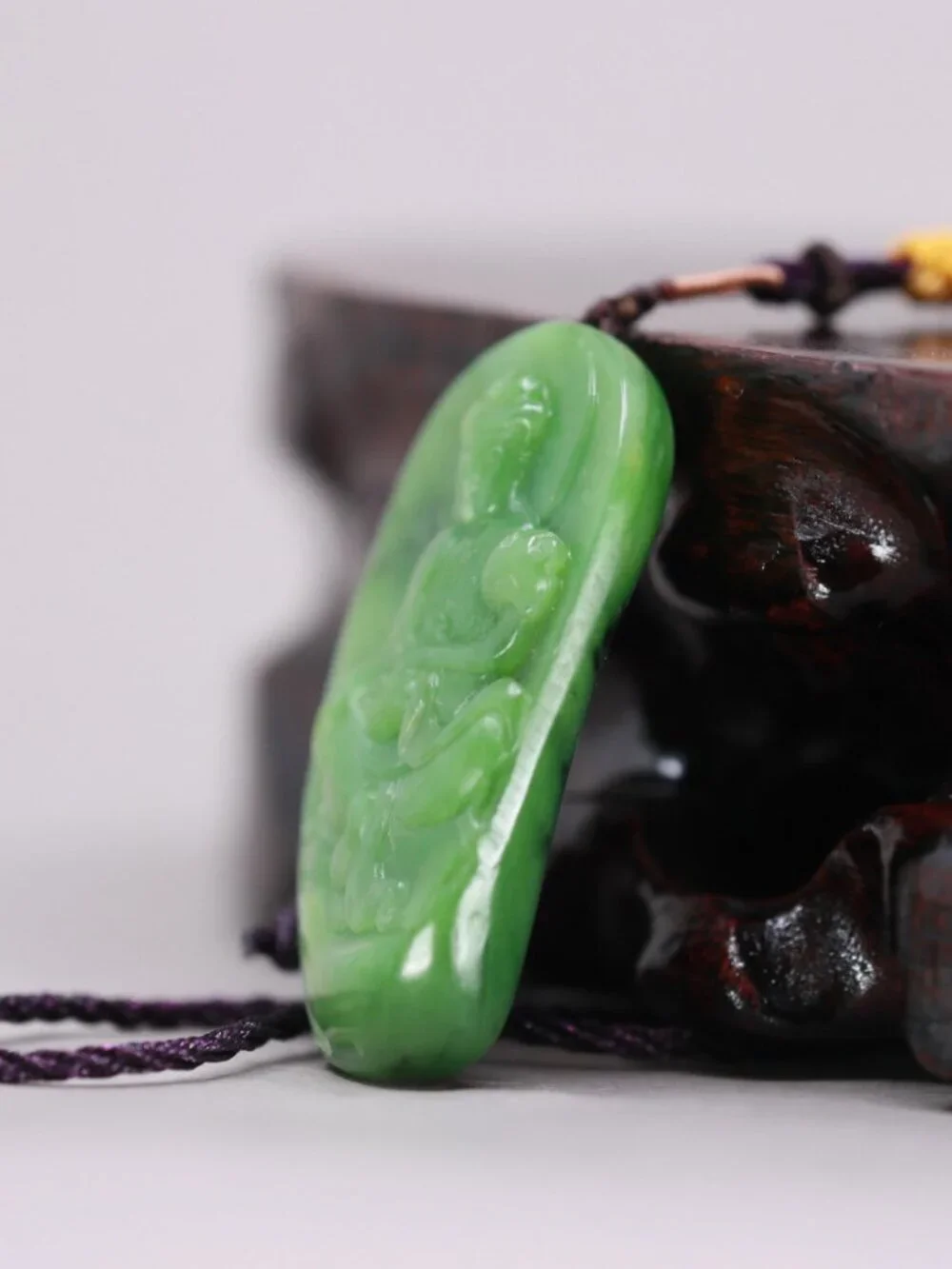 Chinese Green Hetian Jade Pendant w Guanyin & Ruyi